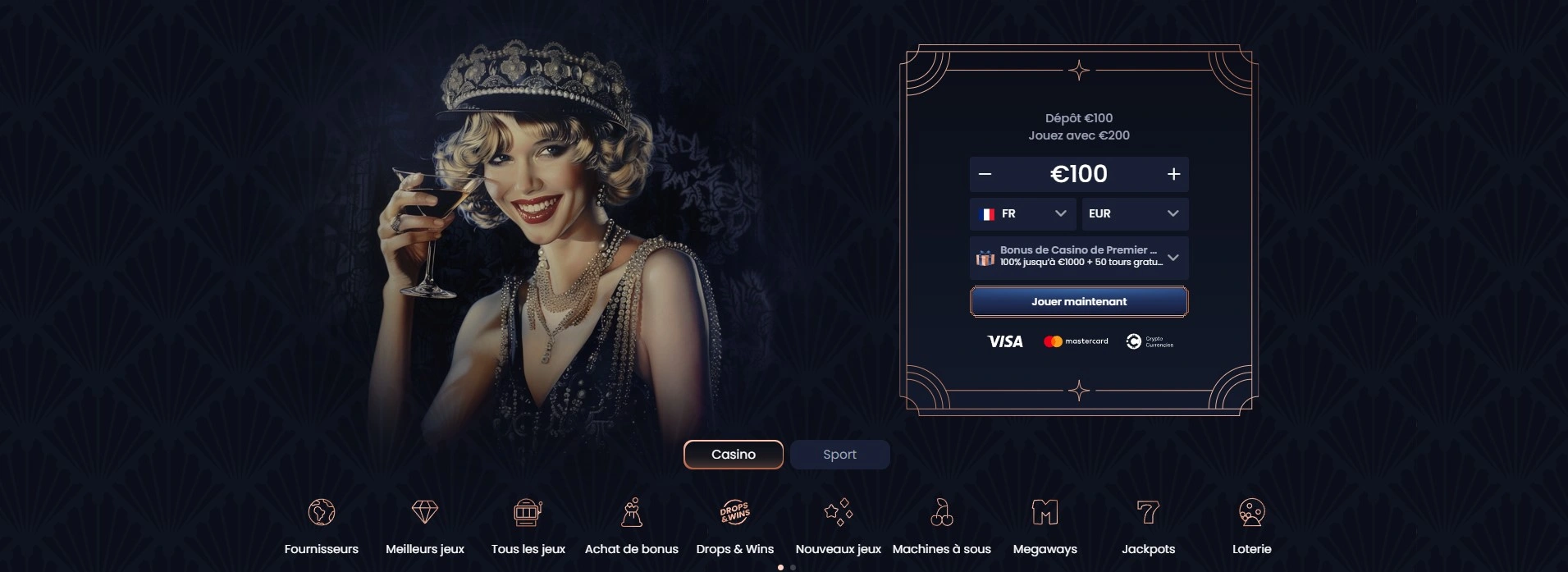 Interface principale du site GreatSpin – Aperçu de l’accueil