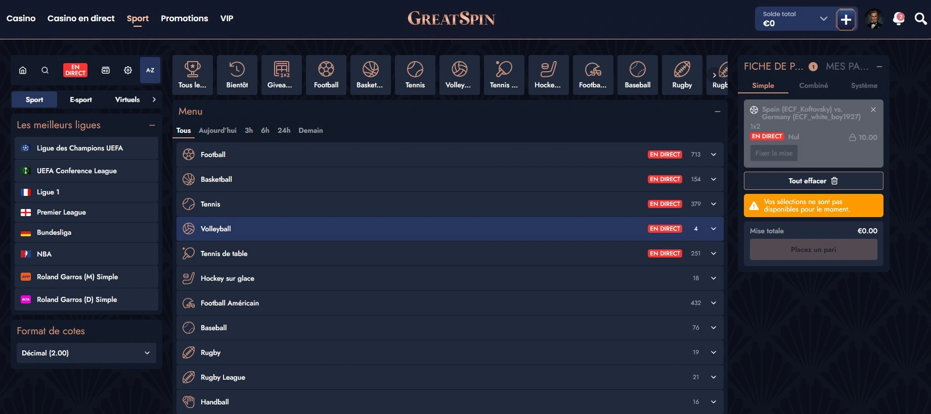 Paris en temps réel sur les matchs en direct chez GreatSpin