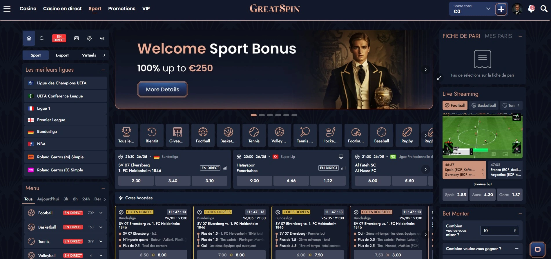 Cote et mises disponibles avant les matchs sur GreatSpin