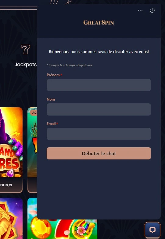 Chat en direct accessible à toute heure sur Greatspin pour une assistance fluide